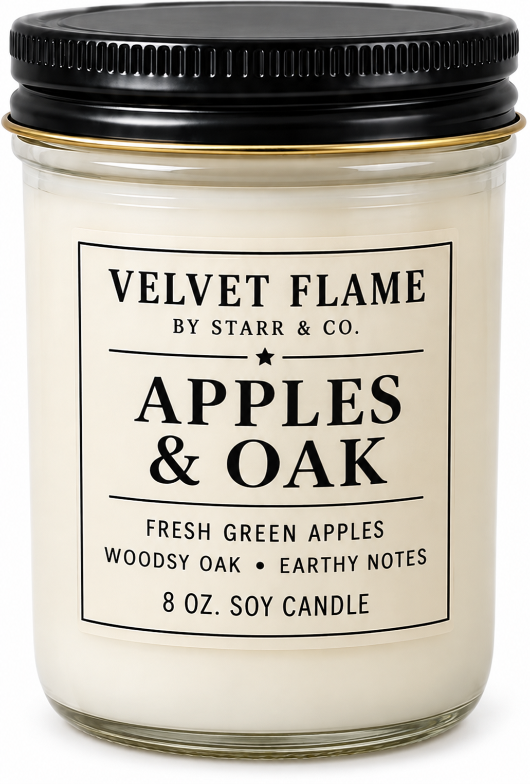 Velvet Flame Apples & Oak soy candle in its labeled jar