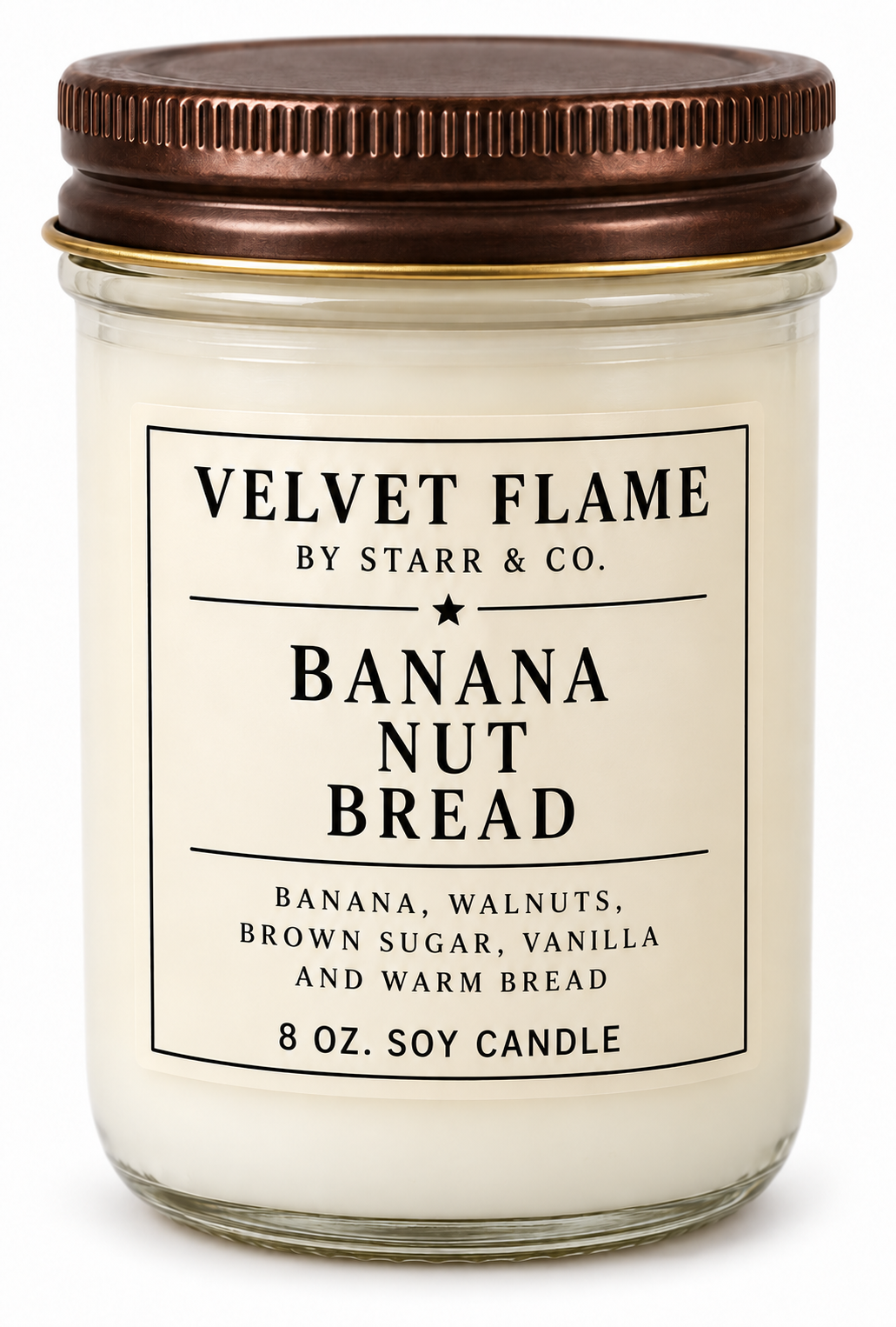 Velvet Flame Banana Nut Bread soy candle in its labeled jar