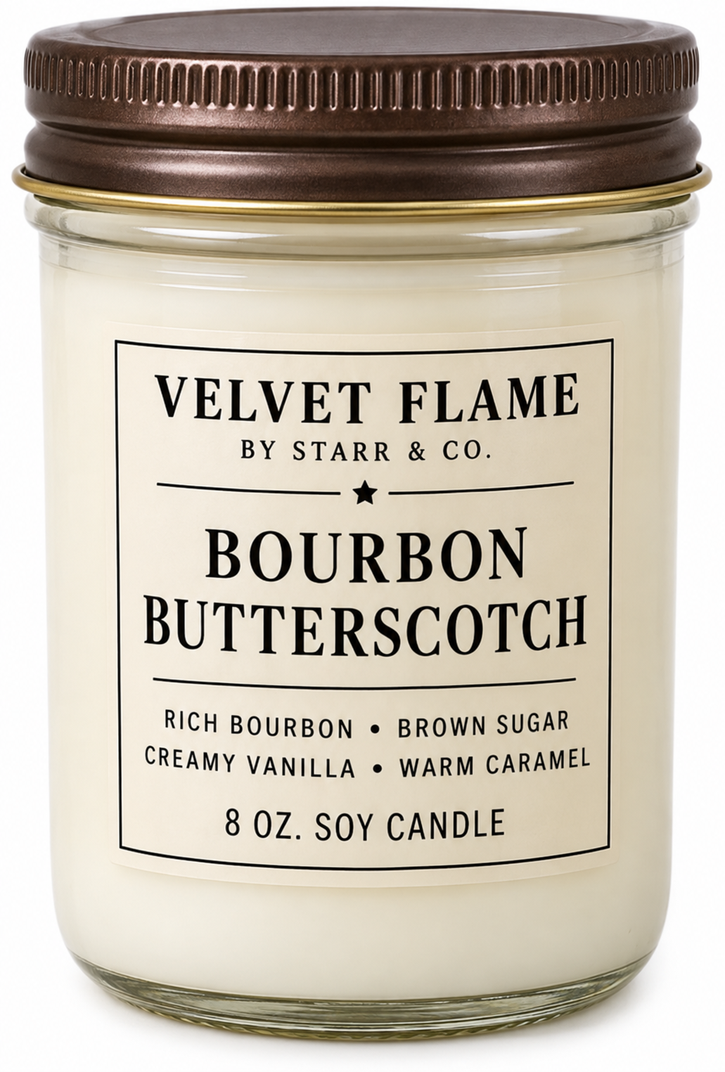 Velvet Flame Bourbon Butterscotch soy candle in its labeled jar