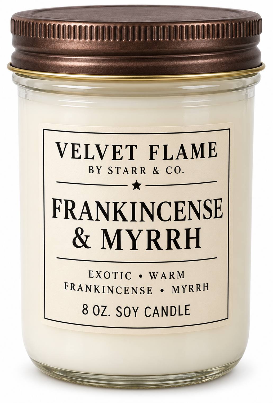 Velvet Flame Frankincense & Myrrh soy candle in its labeled jar