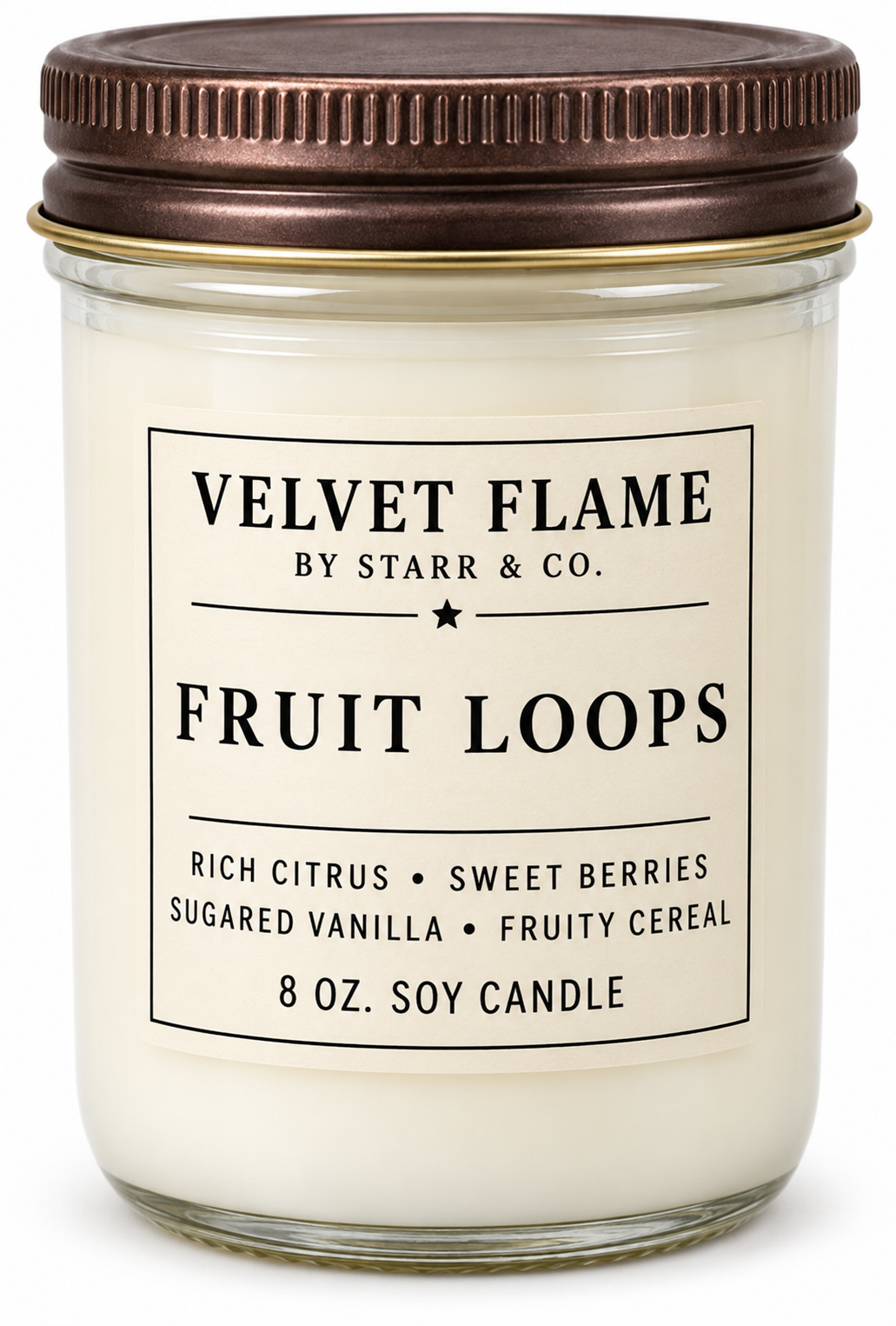 Velvet Flame Fruit Loops soy candle in its labeled jar