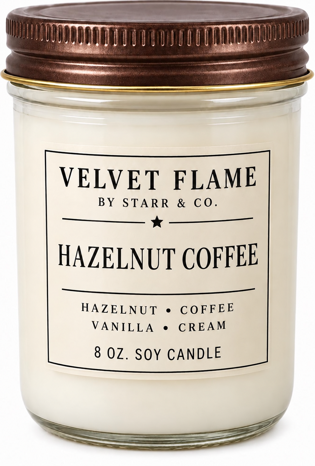 Velvet Flame Hazelnut Coffee soy candle in its labeled jar