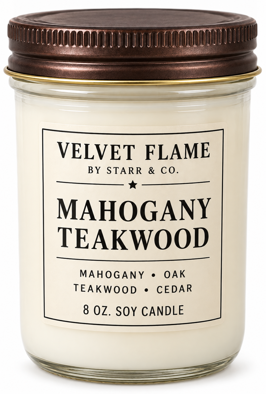 Velvet Flame Mahogany Teakwood soy candle in its labeled jar