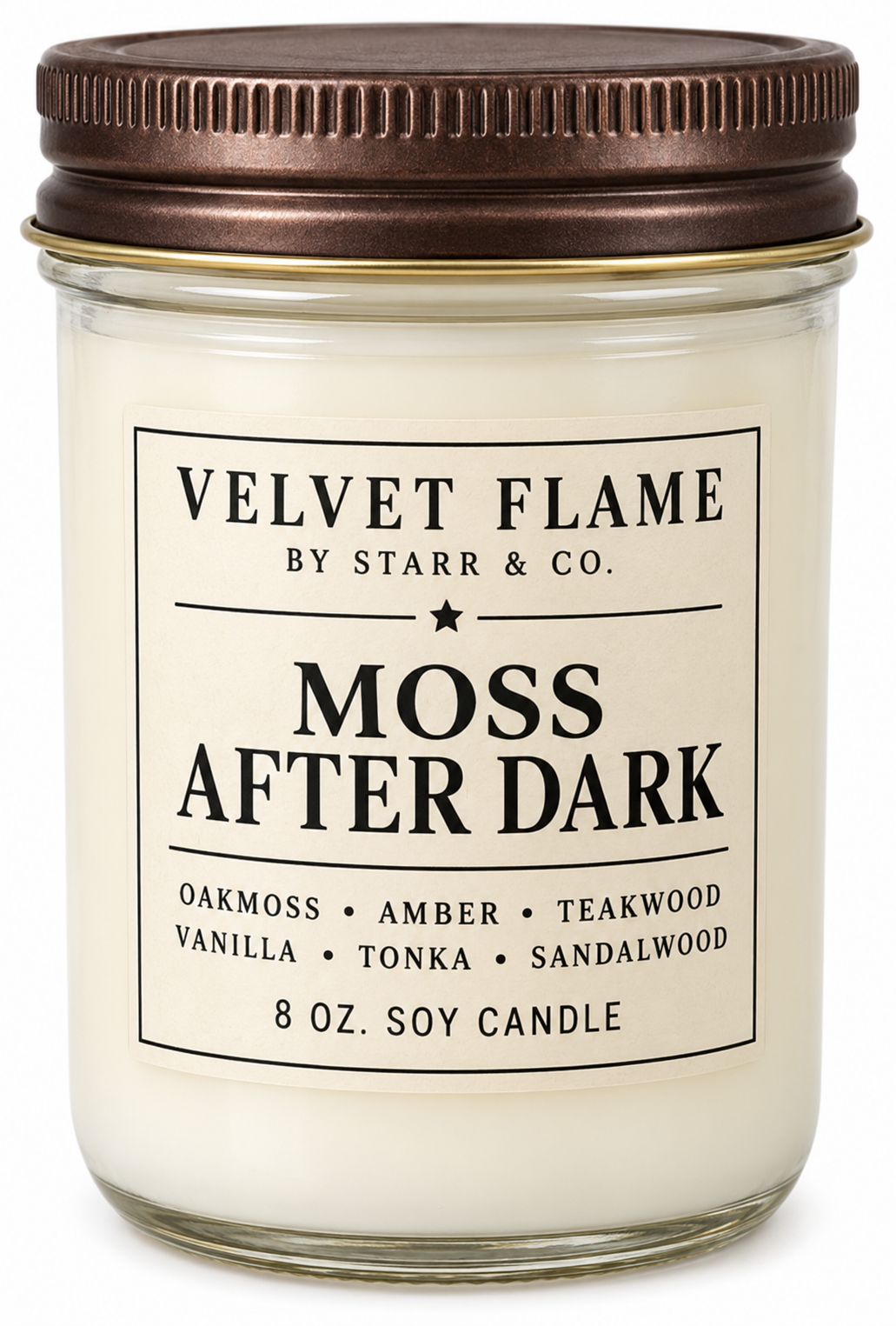 Velvet Flame Moss After Dark soy candle in its labeled jar