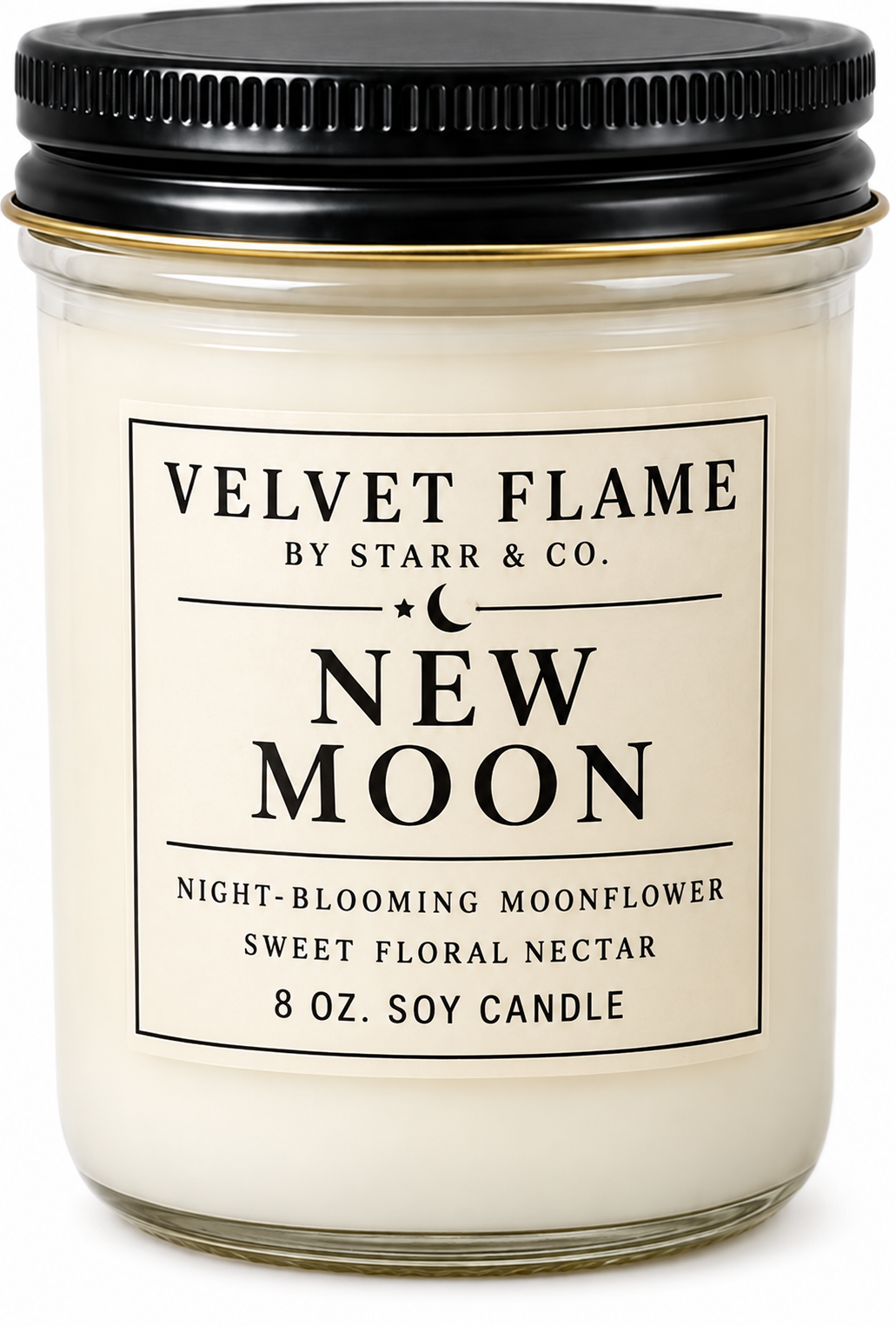Velvet Flame New Moon soy candle in its labeled jar