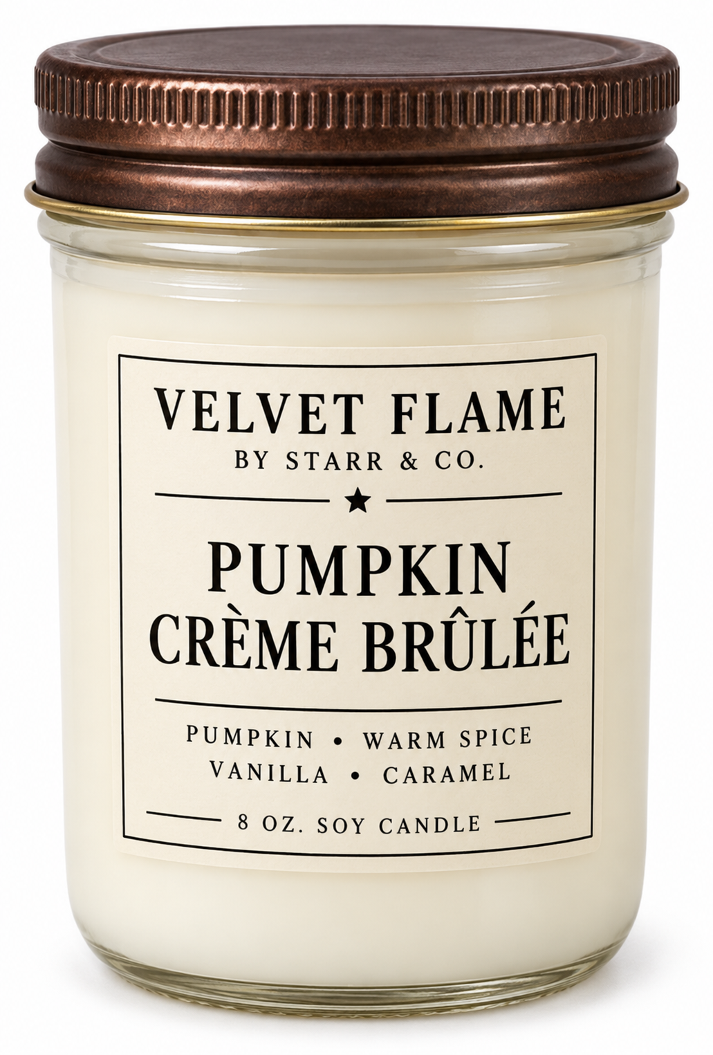 Velvet Flame Pumpkin Crème Brûlée soy candle in its labeled jar