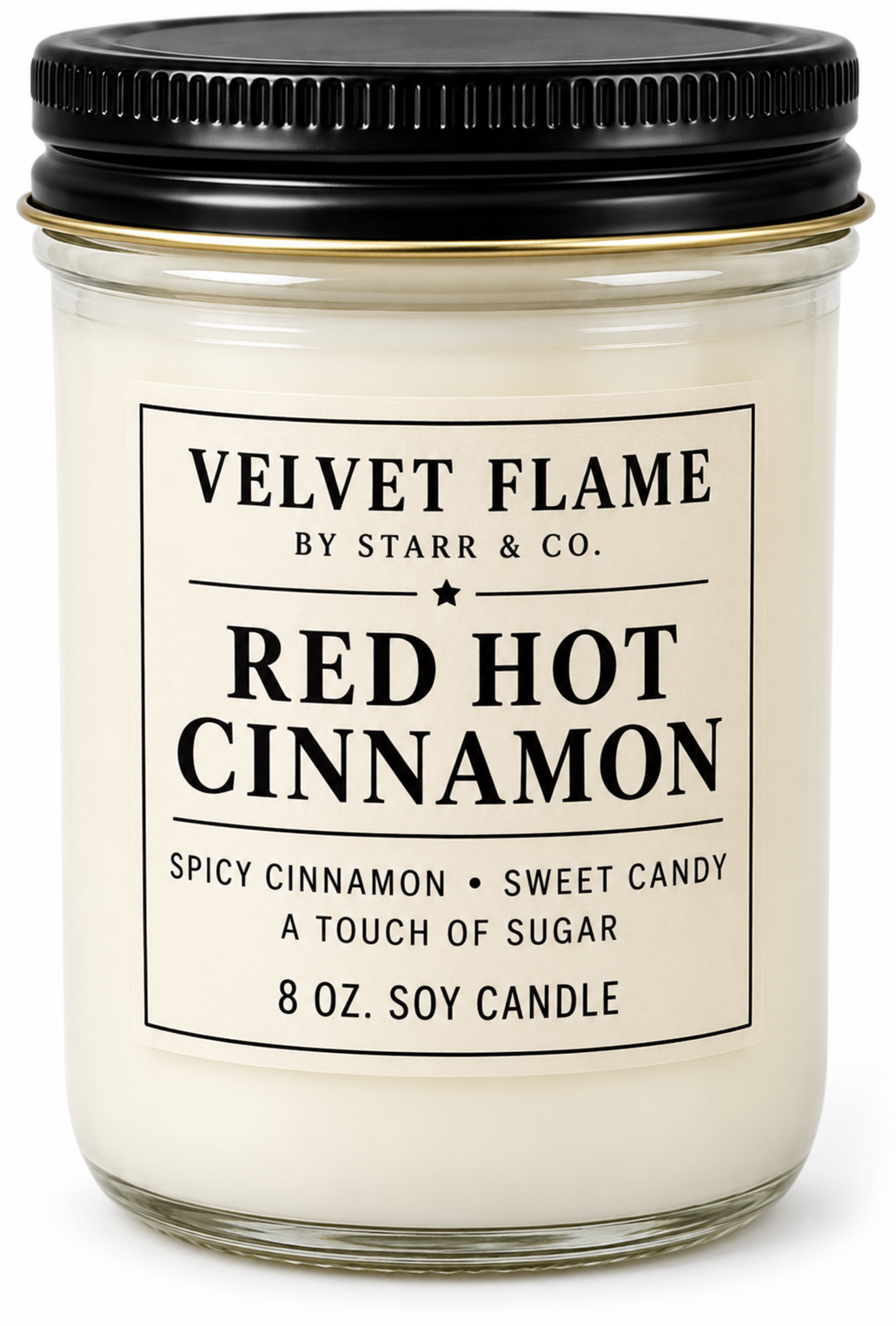 Velvet Flame Red Hot Cinnamon soy candle in its labeled jar