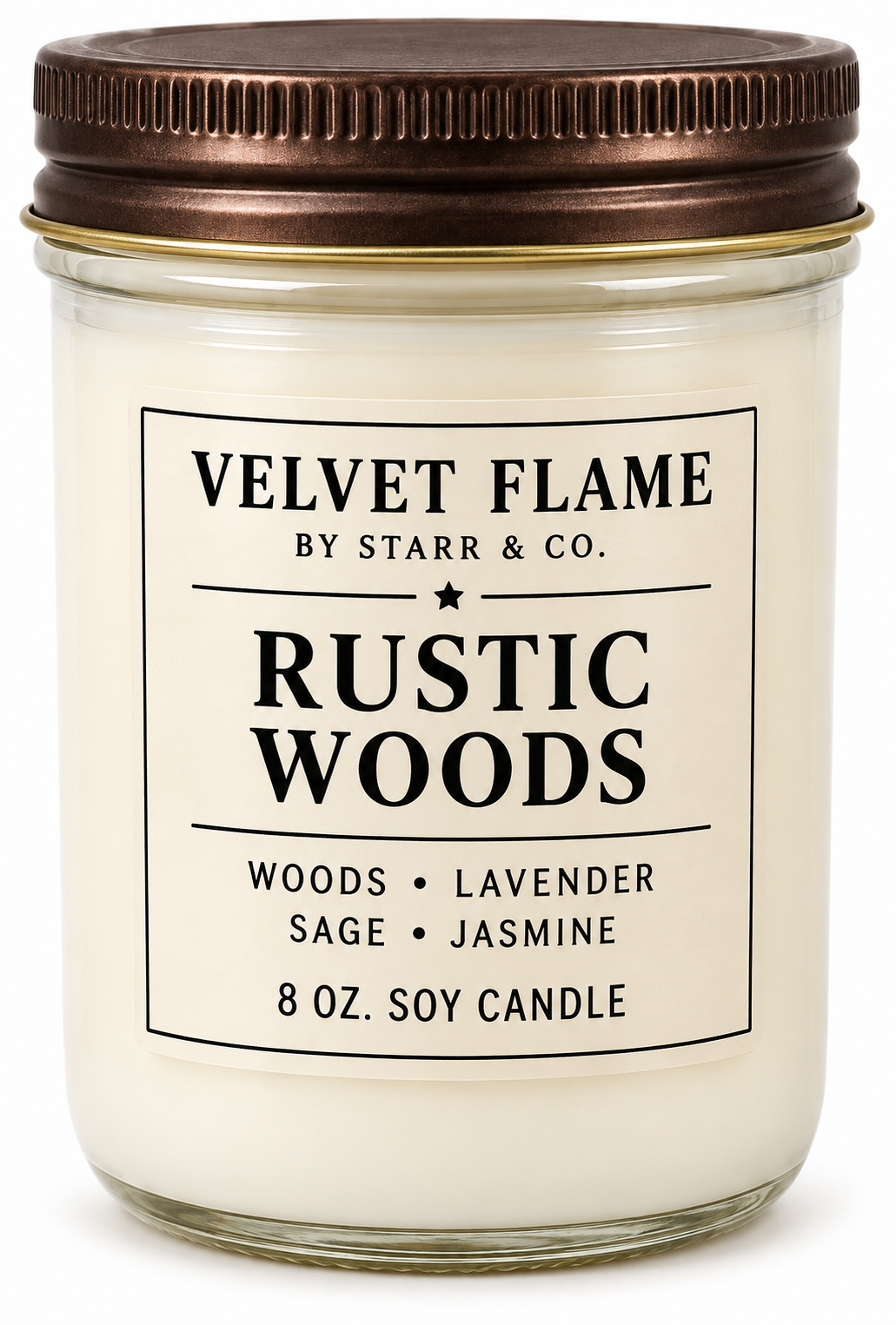 Velvet Flame Rustic Woods soy candle in its labeled jar