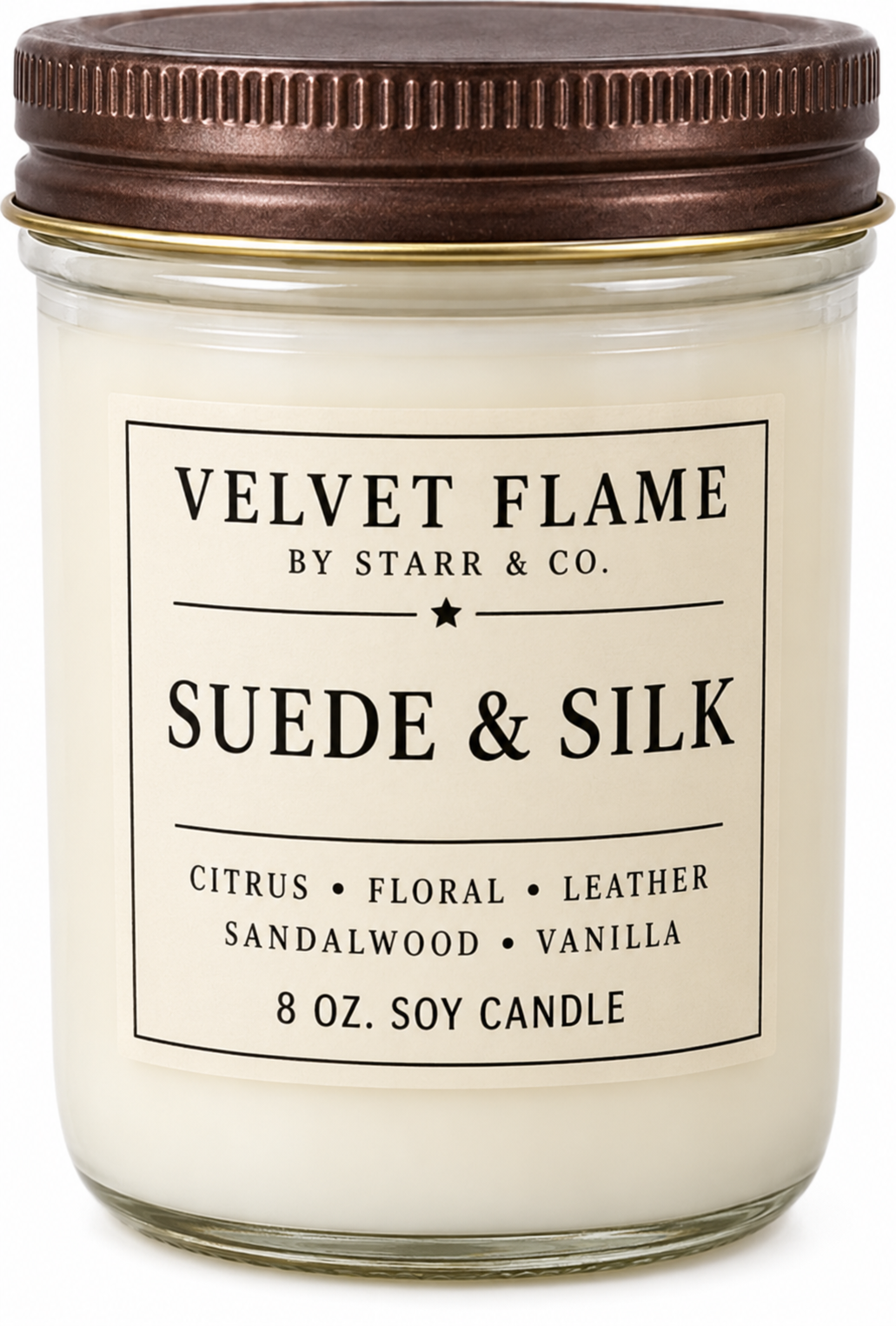 Velvet Flame Suede & Silk soy candle in its labeled jar