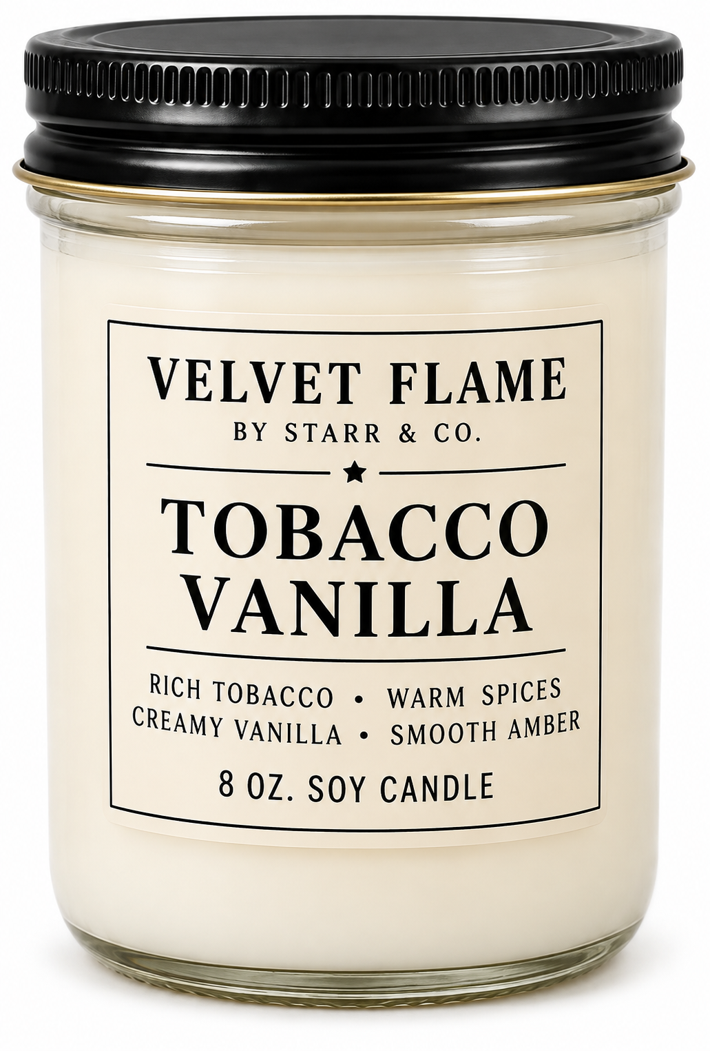 Velvet Flame Tobacco Vanilla soy candle in its labeled jar