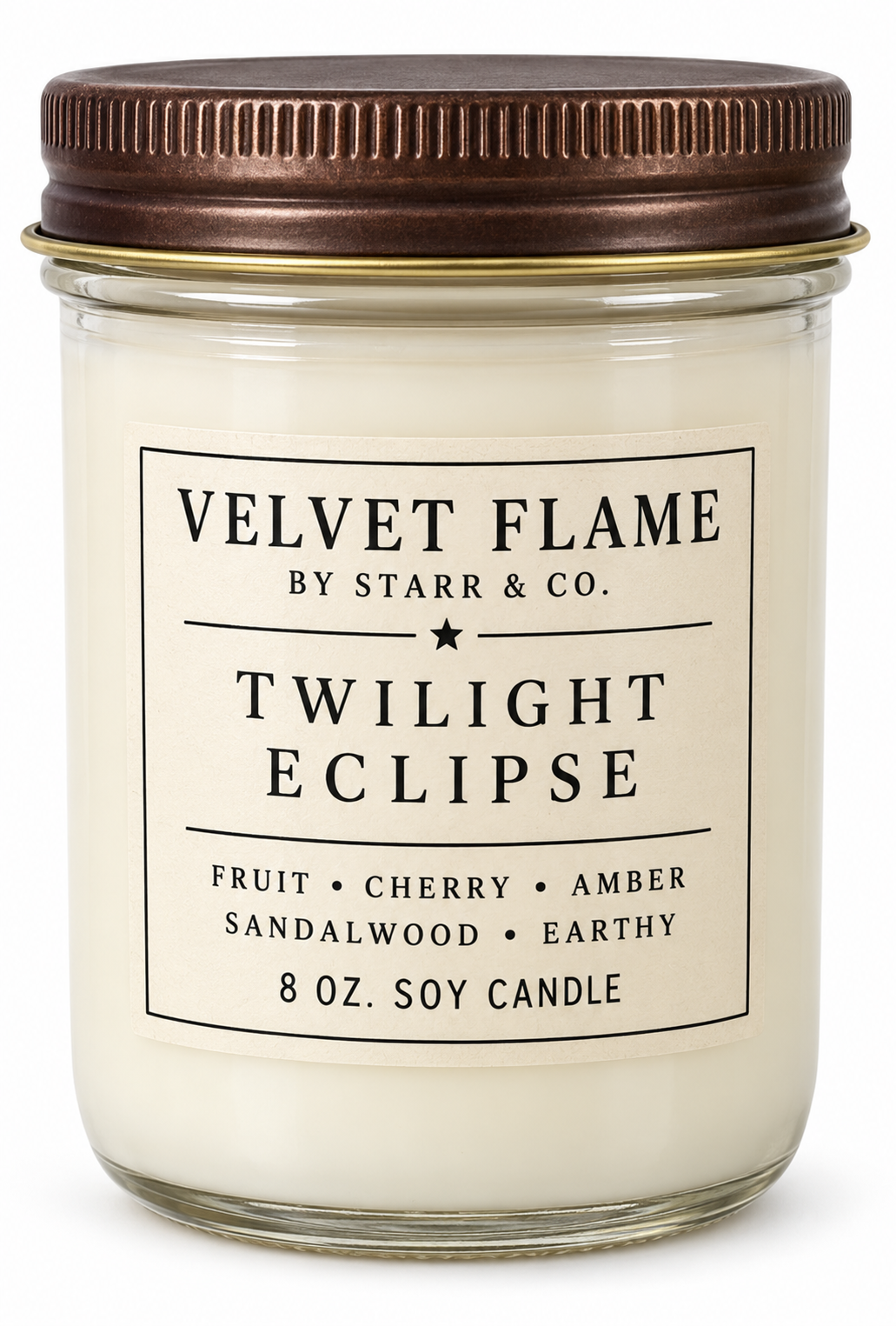Velvet Flame Twilight Eclipse soy candle in its labeled jar