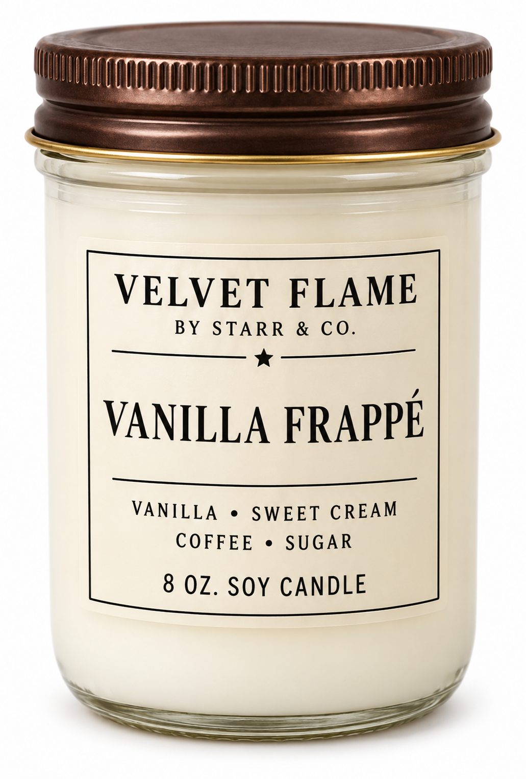 Velvet Flame Vanilla Frappé soy candle in its labeled jar